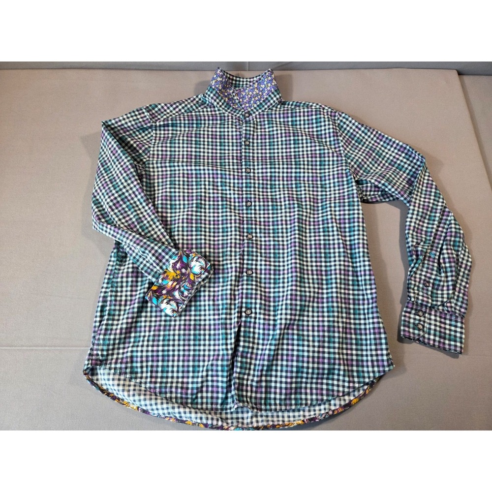 Robert Graham Shirt Mens Extra Large Blue Purple Plaid Flip Cuff Dress Polo